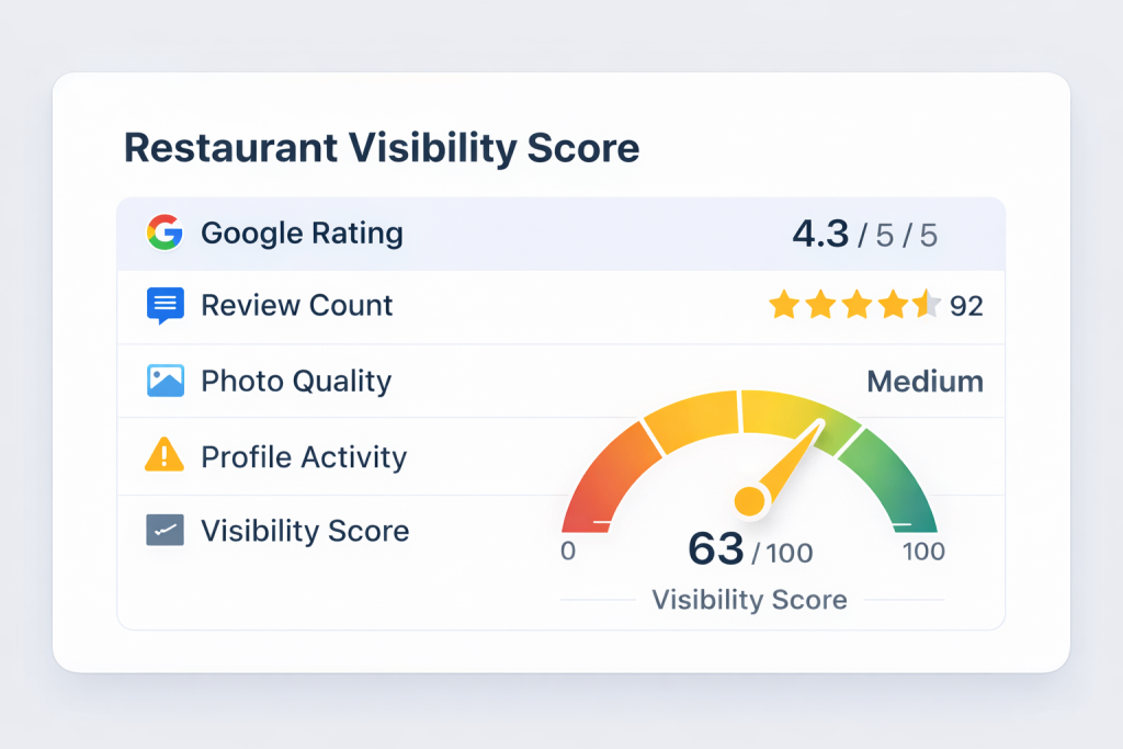 example restaurant google maps visibility score dashboard. This example shows how a restaurant’s Google Maps visibility can affect customer decisions.