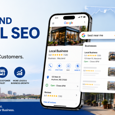 Maryland Local SEO services illustration showing Google Business Profile, local search optimization, Google Maps, and local business visibility.