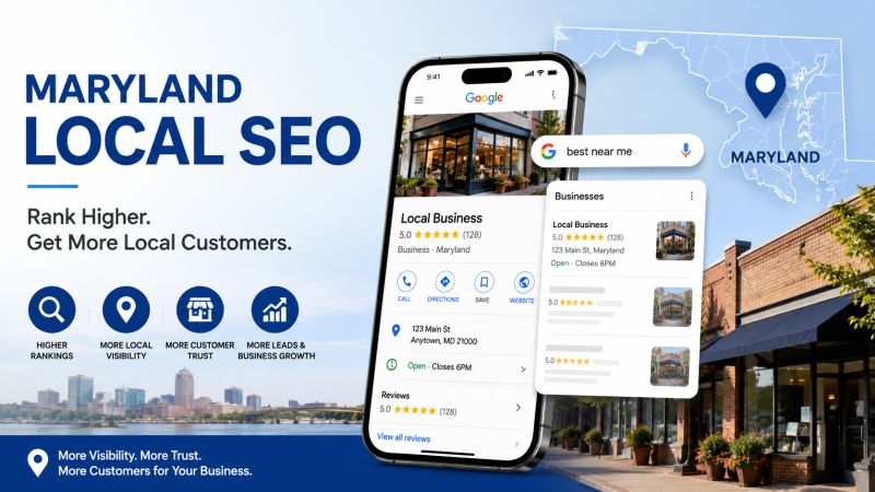 Maryland Local SEO services illustration showing Google Business Profile, local search optimization, Google Maps, and local business visibility.