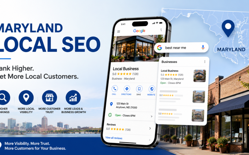 Maryland Local SEO services illustration showing Google Business Profile, local search optimization, Google Maps, and local business visibility.