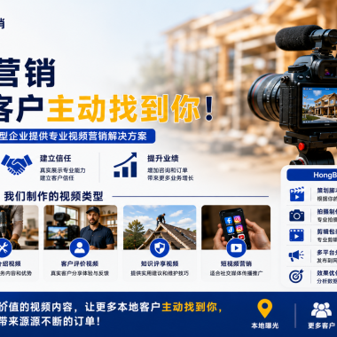 Video Marketing for Maryland Contractors and Service Businesses – HongBoost 展示本地服务企业视频营销、施工案例拍摄、Google SEO 与社交媒体运营的 16:9 横版宣传图。