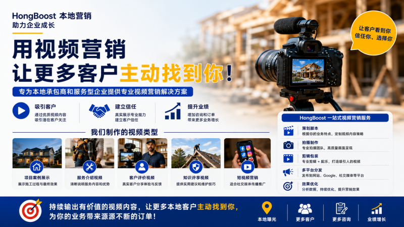Video Marketing for Maryland Contractors and Service Businesses – HongBoost 展示本地服务企业视频营销、施工案例拍摄、Google SEO 与社交媒体运营的 16:9 横版宣传图。