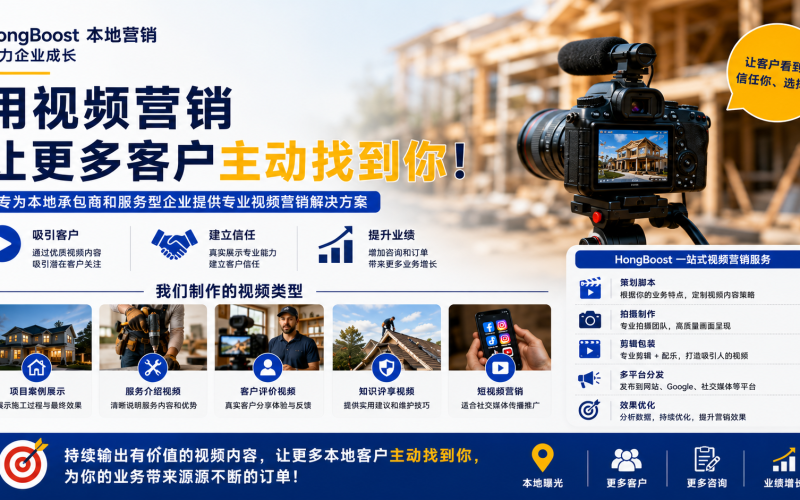 Video Marketing for Maryland Contractors and Service Businesses – HongBoost 展示本地服务企业视频营销、施工案例拍摄、Google SEO 与社交媒体运营的 16:9 横版宣传图。