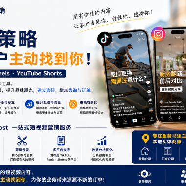 Short-Form Video Strategy for Maryland Local Businesses – HongBoost 4:5 宣传图，展示 TikTok、Instagram Reels、YouTube Shorts 短视频营销策略，帮助本地企业提升品牌曝光、建立客户信任并获得更多咨询。