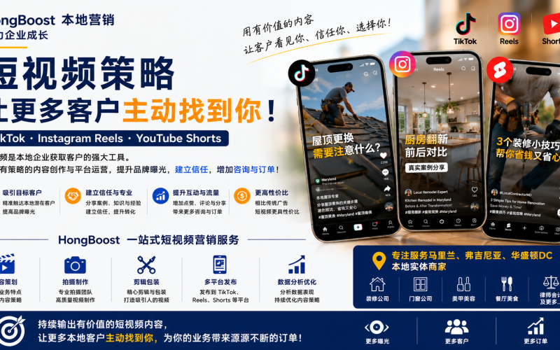 Short-Form Video Strategy for Maryland Local Businesses – HongBoost 4:5 宣传图，展示 TikTok、Instagram Reels、YouTube Shorts 短视频营销策略，帮助本地企业提升品牌曝光、建立客户信任并获得更多咨询。