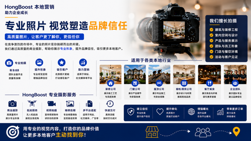 Professional Photography and Visual Branding in Maryland – HongBoost 16:9 横版宣传图，展示商业摄影、品牌视觉、企业形象照、产品摄影、室内空间摄影及本地企业品牌营销服务。
