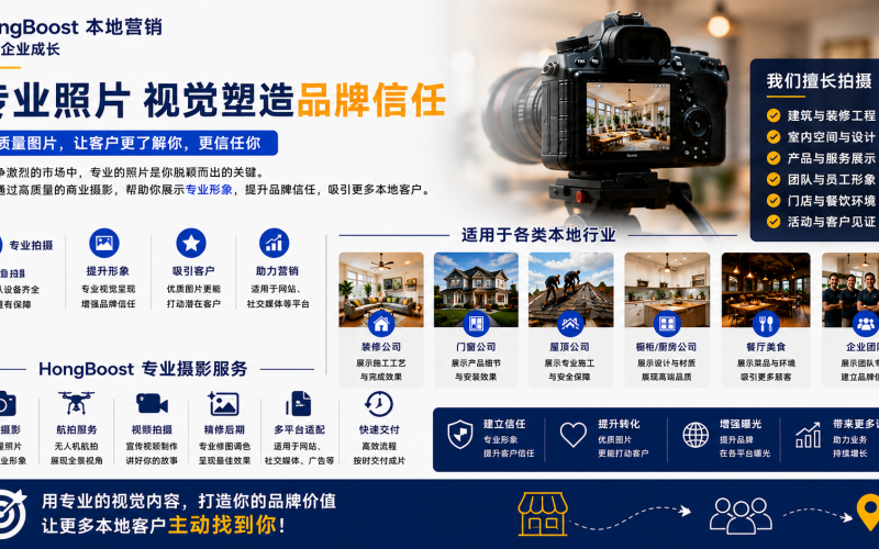 Professional Photography and Visual Branding in Maryland – HongBoost 16:9 横版宣传图，展示商业摄影、品牌视觉、企业形象照、产品摄影、室内空间摄影及本地企业品牌营销服务。
