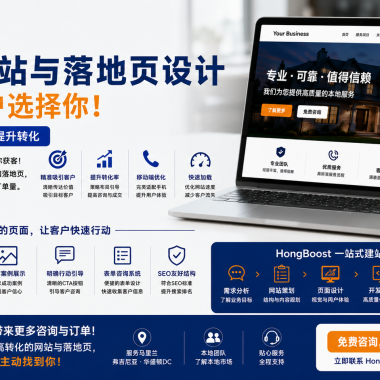 High-Converting Website & Landing Page Design in Maryland – HongBoost 16:9 横版宣传图，展示企业官网、落地页设计、移动端优化、SEO 友好网站及高转化网页解决方案。