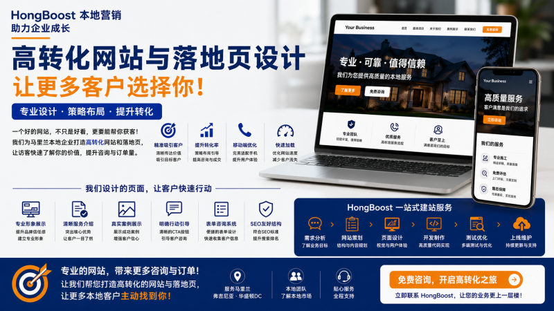 High-Converting Website & Landing Page Design in Maryland – HongBoost 16:9 横版宣传图，展示企业官网、落地页设计、移动端优化、SEO 友好网站及高转化网页解决方案。