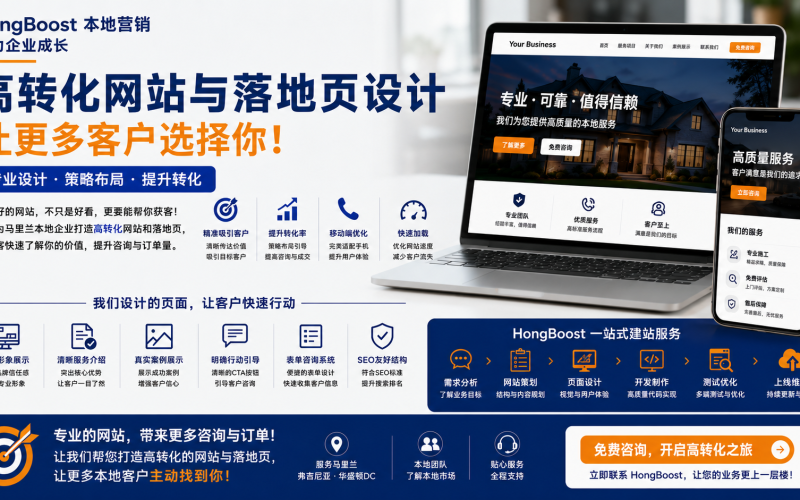 High-Converting Website & Landing Page Design in Maryland – HongBoost 16:9 横版宣传图，展示企业官网、落地页设计、移动端优化、SEO 友好网站及高转化网页解决方案。