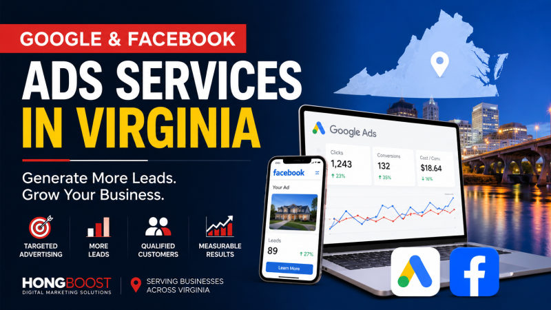 Google & Facebook Ads Services in Virginia dashboard showing digital advertising, lead generation, and online marketing strategy for local businesses.