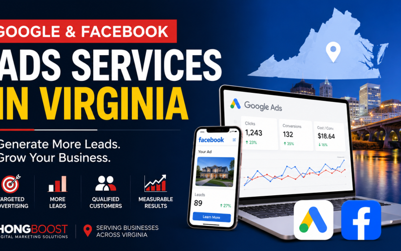 Google & Facebook Ads Services in Virginia dashboard showing digital advertising, lead generation, and online marketing strategy for local businesses.