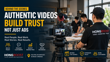 Authentic behind-the-scenes business video production showing a local marketing team filming real work to build customer trust.