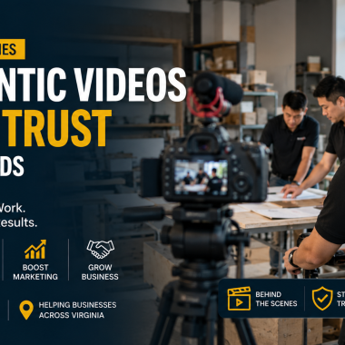 Authentic behind-the-scenes business video production showing a local marketing team filming real work to build customer trust.