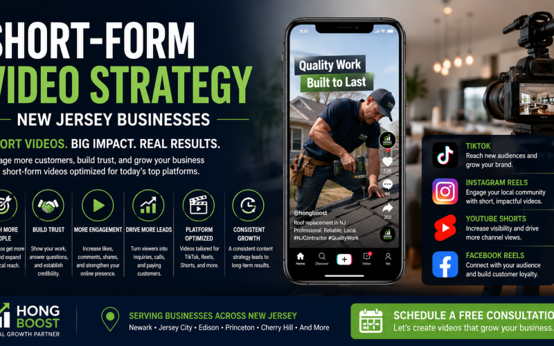 Short-Form Video Strategy New Jersey featuring TikTok, Instagram Reels, YouTube Shorts, and Facebook Reels for local business marketing
